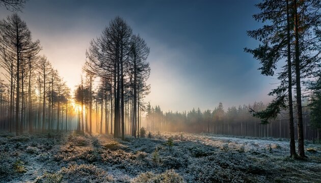 dramatic forest scene on a cold morning