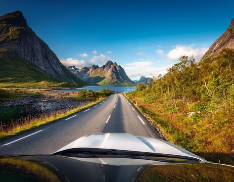 driving a car on mountain road nature norway polar circle lofoten islands