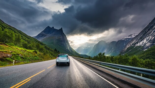 driving a car on the mountain road road among mountains with the dramatic stormy cloudy sky beautiful nature norway