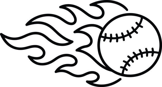 Baseball fireball vector icon, flaming sports ball outline, fast pitch softball with fire trail