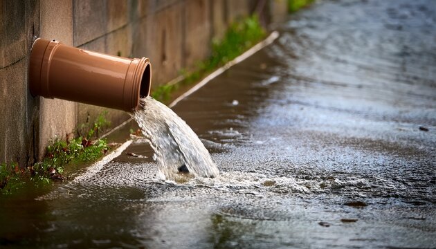 heavy rain outdoors drains are filled with water gutter pipe flooding with water