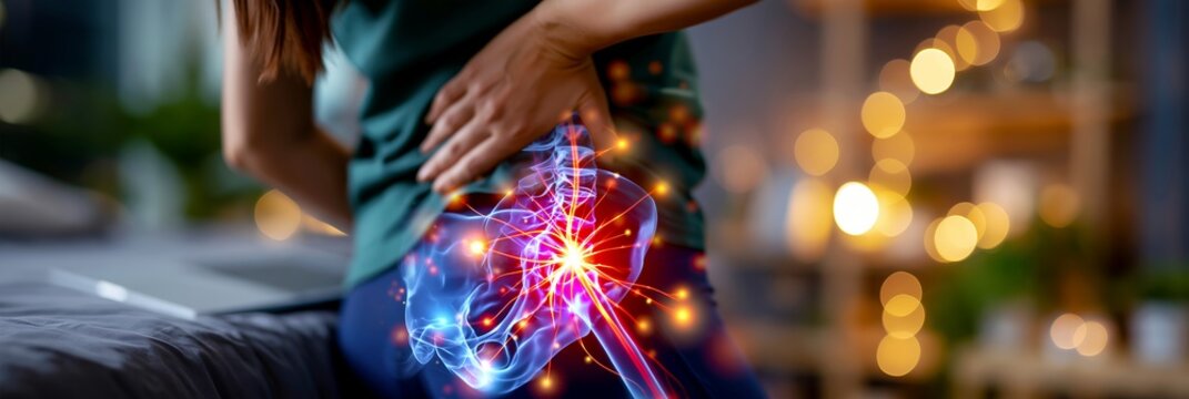 Medical illustration of woman with x-ray skeleton overlay and hip pain highlighted in red and orange