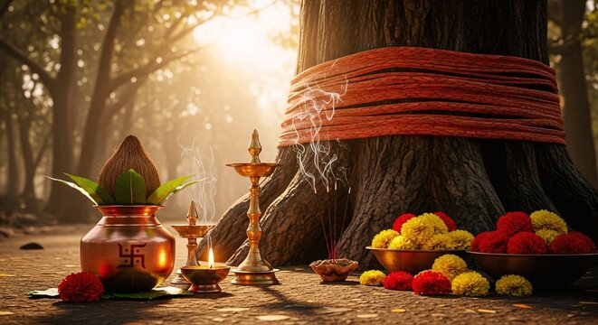 Sacred banyan tree with red thread and पूजा items, Hindu ritual setup in golden morning light