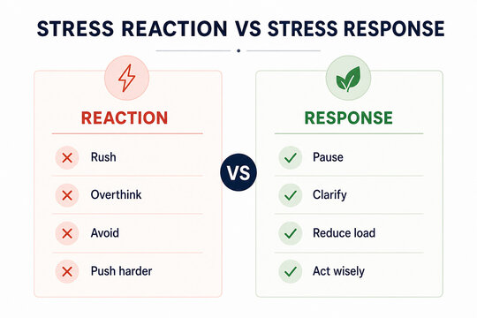 This graphic illustrates the difference between a stress reaction and a stress response, highlighting behaviors like rushing versus pausing and clarifying. It&rsquo;s set against a white background with con