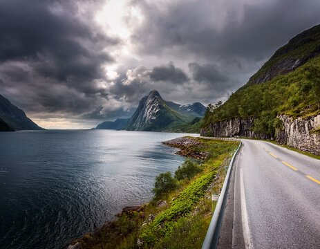 the road along the fjord with the dramatic stormy cloudy sky beautiful nature norway