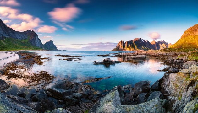view at the rocky shore at low tide beautiful nature norway lofoten islands mountain landscape in evening