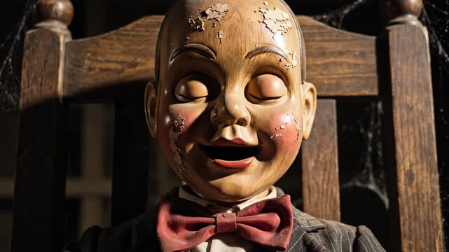 Creepy Antique Ventriloquist Dummy Sitting on a Wooden Chair in Dark Room