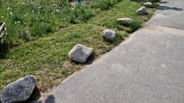 gray stones between the lanes as protection against parking. transport solutions in the parking lot by the country road and bike path. asphalt surfaces and lawn, lock metal post. red stripes