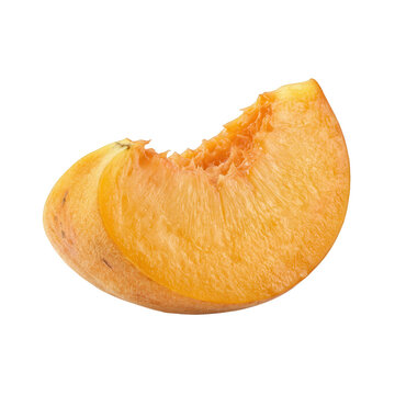 Fresh golden peach slice with bite mark isolated on white background