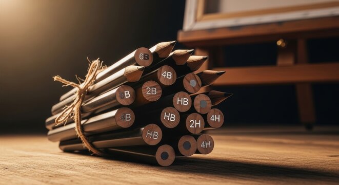 Bundle of Drawing Pencils with Lead Grades on Wooden Surface
