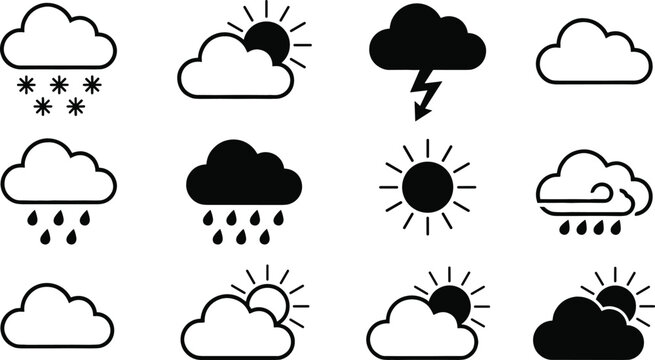 Weather Forecast Icon Set Featuring Sun Clouds Rain Snow and Thunderstorm Symbols for Mobile Apps Websites and Meteorological Digital Media Designs