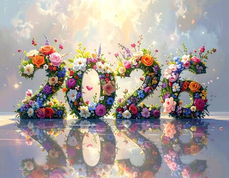 Happy New Year 2026 Colorful Floral Numbers 3d Illustration On Reflective Surface With Dreamy Pastel Background