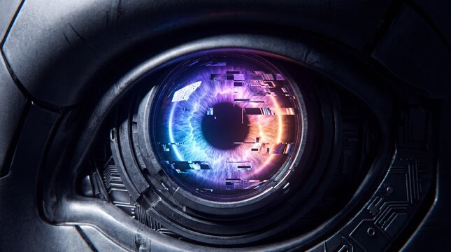 Macro Cybernetic Eye With Digital Glitch Artifacts