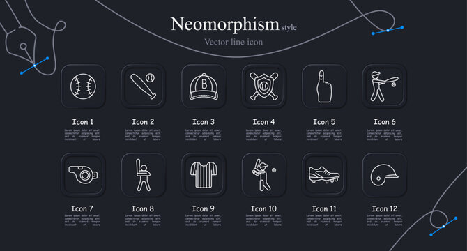 Baseball equipment set icon. Baseball ball, bat hit, team cap, crossed bats emblem, foam finger, batting player, referee whistle, batter stance, striped jersey, hitter swing