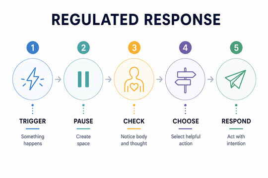 It illustrates the five steps of RAFT, a mindfulness technique for managing emotional responses.
