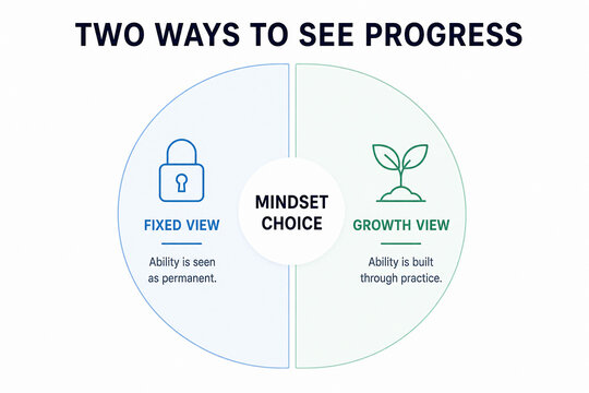 It illustrates Carol Dweck&rsquo;s concept of mindset, contrasting a fixed view (believing abilities are innate) with a growth view (believing abilities develop through effort). It&rsquo;s displayed on a graphic