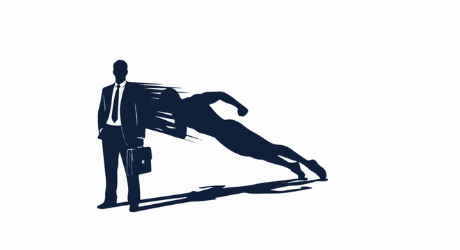 A businessman stands with his shadow morphing into a superhero in action pose