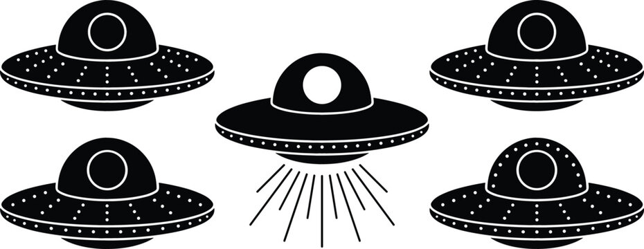 UFO and Alien Spaceship Icon Set Featuring Flying Saucers and Beam Effects for Sci-Fi, Space, and Digital Design Projects.