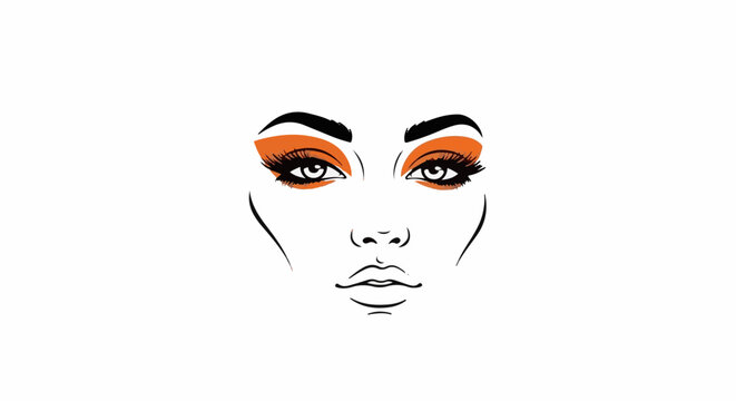 Stylized close-up of a woman's face with bold orange eye makeup and dramatic lashes