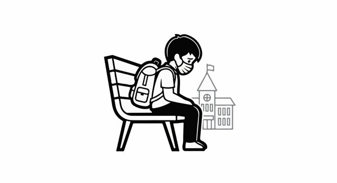 Sad student with backpack and mask sits alone on bench outside school