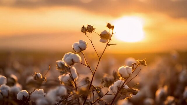 Cotton field at sunset with fluffy white bolls close up 4K