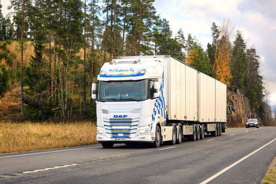 Beautiful DAF XG+ 530 Truck and Trailer on Road on a Day of Autumn. Copy space.