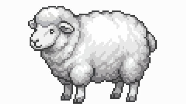 A pixel art illustration of a fluffy white sheep standing on a white background, facing left with a gentle expression.