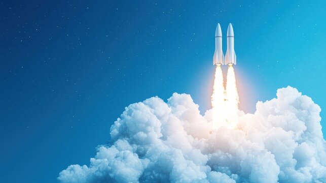 Innovation Rocket Multiple rockets launching simultaneously into space, representing teamwork and collaborative ventures