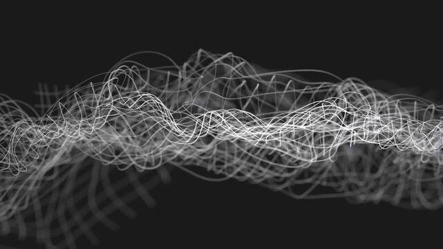Glowing white lines create a seamless, looping abstract video with complex, dynamic patterns against a dark background. This digital animation evokes technological flow, data visualization, or sound
