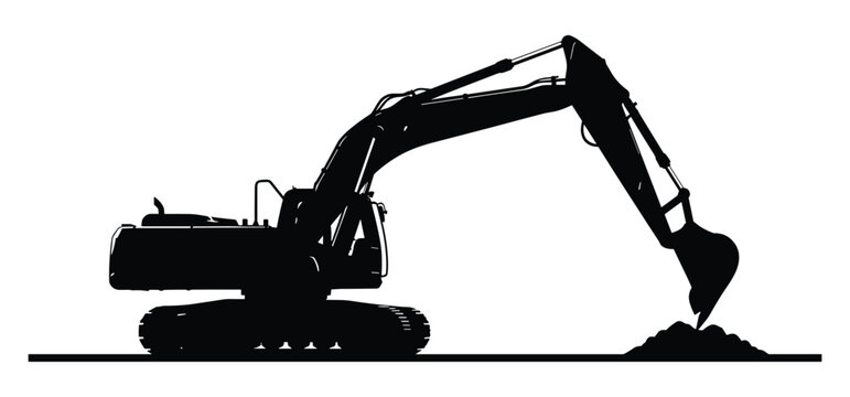 Excavator silhouette, digging machine, construction equipment, heavy machinery.