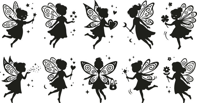 Fairy Icon Set Featuring Magical Fairy Designs with Wings, Stars, and Wands for Fantasy, Mythology, and Digital Design Projects.