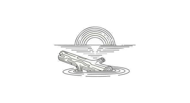 Simple line art of a log floating on water with a rainbow in the background