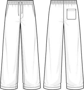 Technical flat sketch of wide leg sweatpants, front and back views. Features elastic waistband with drawstring, side pockets, and a back patch pocket. Loose wide-leg silhouette with clean hem finish. 