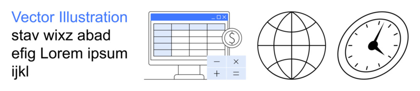 Finance, analytics, global business, time tracking, data organization, budgeting. Computer with a spreadsheet and currency symbol, globe and clock. Finance and analytics concept