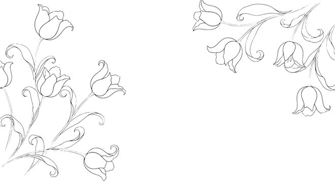 Flower doodle set with delicate outlines, curled leaves and spring vines for decorative border and corner designs