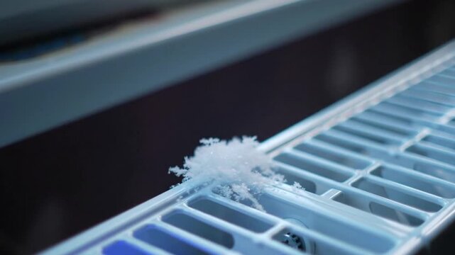 Close up side angle view of small white snow crystals resting on top of a gray outdoor metallic grill structure.