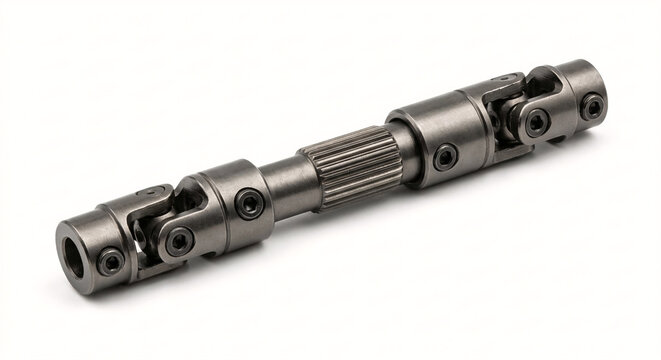 Extreme macro of a miniature steel telescopic driveshaft with universal joints for a scale RC vehicle. Gunmetal finish.