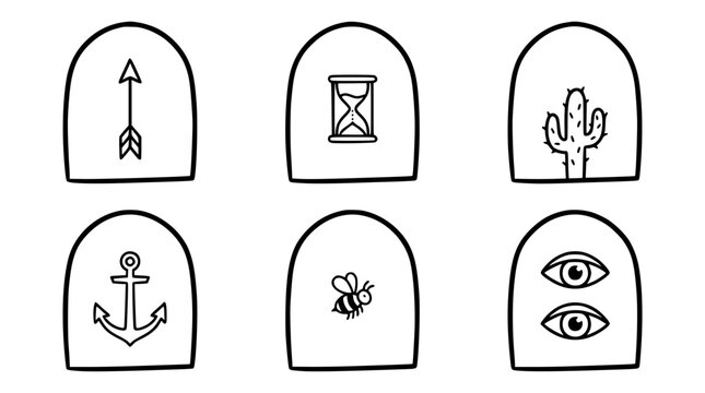 A visually striking collection representing time through symbols like an arrow, hourglass, cactus, anchor, bee, and eyes, showcasing the idea of permanence in a minimalist artistic style.