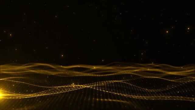 Golden digital wave particle background glowing mesh lines, space, sparkles, and elegant motion depth. luxury videos, technology intros, festive titles, data visuals, premium promos, abstract loops.