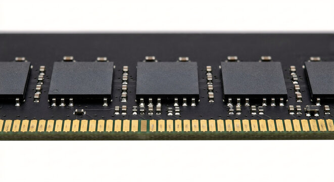 Macro view of a server-grade ECC memory module edge, showing the matte black PCB, gold-plated contacts, and IC chips.