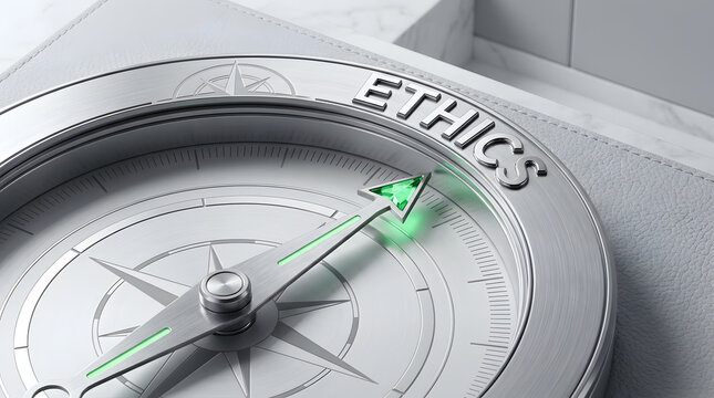 Compass with word ethics and green glowing arrow