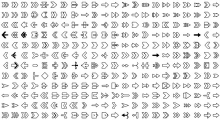 Fototapeta premium Arrows navigation icon set with thin outline, chevrons, borders, and directional symbols for UI and map graphics