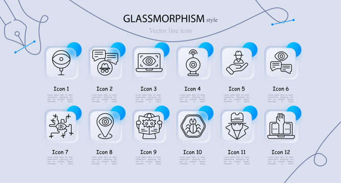 Cybersecurity set icon. Camera eye, chatbot message, laptop scan, webcam device, hacker hand, monitoring eye, network system, location tracking, technician manual, malware bug, cyber agent