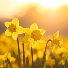 Fototapeta premium Yellow Daffodil Flowers Blooming In A Field At Sunset Backlit Warm Golden Hour Sunlight Close Up Macro Photography Of Narcissus In Spring Garden