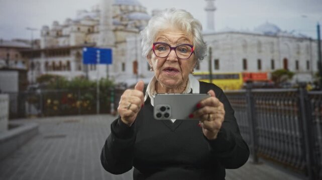 Senior woman holds smartphone horizontally, thumbs tapping while framing a shot on street in front of a historic mosque; curiosity travel.
