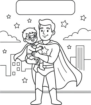 Father and baby superhero coloring page, black and white outline vector drawing, father's day illustration, family love concept.