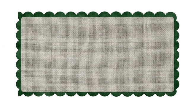 Rectangular label with a textured light gray fabric center and a dark green scalloped border on a black background