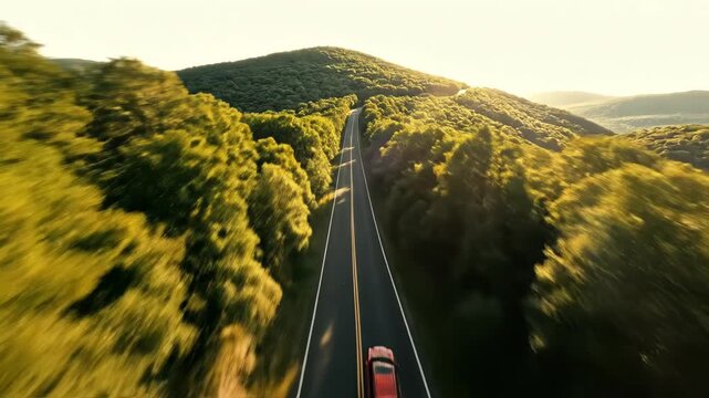 Aerial view of a winding two-lane road cutting through a dense green forest with a solitary red car on sunlit asphalt, rolling hills and leafy canopy to the horizon