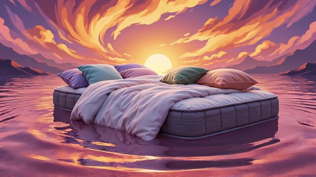 A dreamy mattress with pillows and rumpled sheets floating on a glassy reflective sea at golden sunset beneath swirling colorful clouds, a surreal tranquil bedding scene