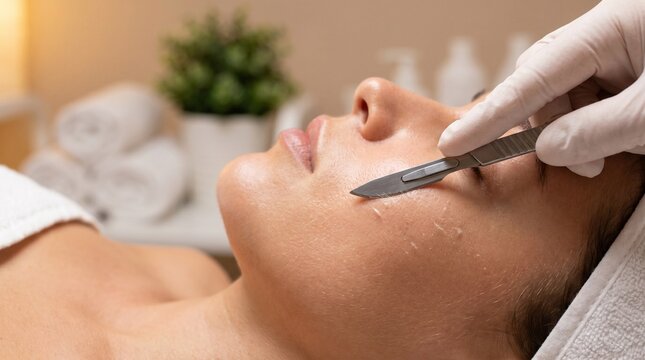 Close Up of Dermaplaning Facial Treatment Exfoliation with Scalpel	